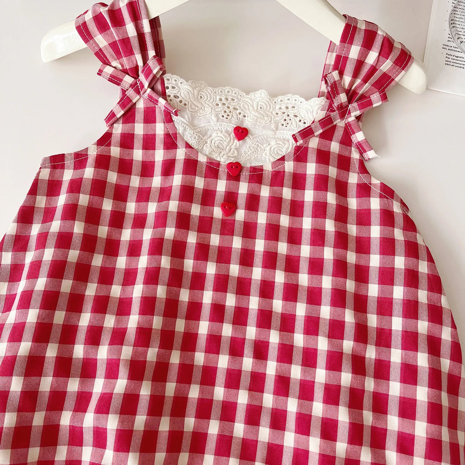 موضة 2025 صيف جديد بنات' plaid lace camisole فستان، cute and beautiful بنات' فستان