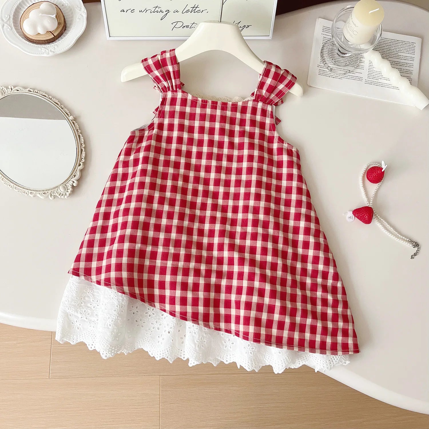 موضة 2025 صيف جديد بنات' plaid lace camisole فستان، cute and beautiful بنات' فستان