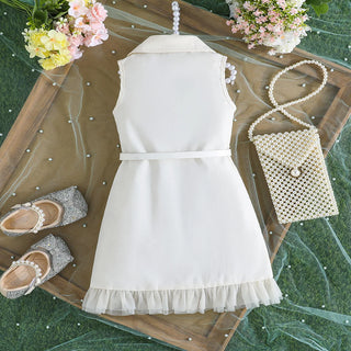موضة 2025 صيف جديد بنات solid color بدون أكمام fashion فستان طقم قطعتين belt ruffles odm supply