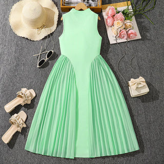 موضة 2025 صيف teenage wear stand collar temperament بليسيه splicing بدون أكمام طويل dresses أطفال بنات فستان
