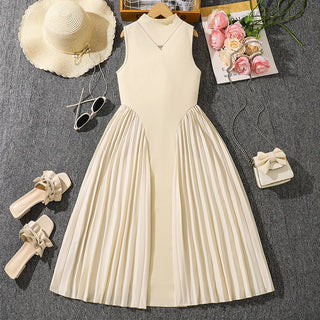 موضة 2025 صيف teenage wear stand collar temperament بليسيه splicing بدون أكمام طويل dresses أطفال بنات فستان