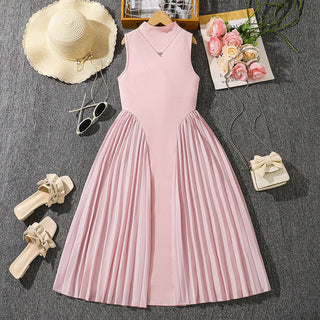 موضة 2025 صيف teenage pink green wear stand collar temperament بليسيه splicing بدون أكمام طويل dresses أطفال بنات فستان