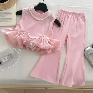 موضة 2025 صيف pink كاجوال طقم قطعتين stretch بدون أكمام بدلة with color matching wave point فيست nine flared pants