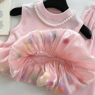 موضة 2025 صيف pink كاجوال طقم قطعتين stretch بدون أكمام بدلة with color matching wave point فيست nine flared pants