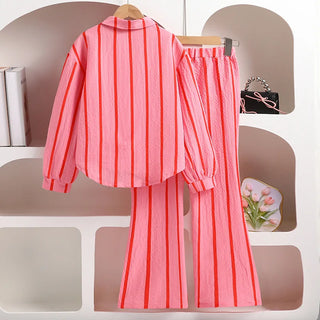 موضة 2025 teenager's ربيع fall pink red striped أكمام طويلةd بدلة طقم 2 pcs garment طقم 8-12y