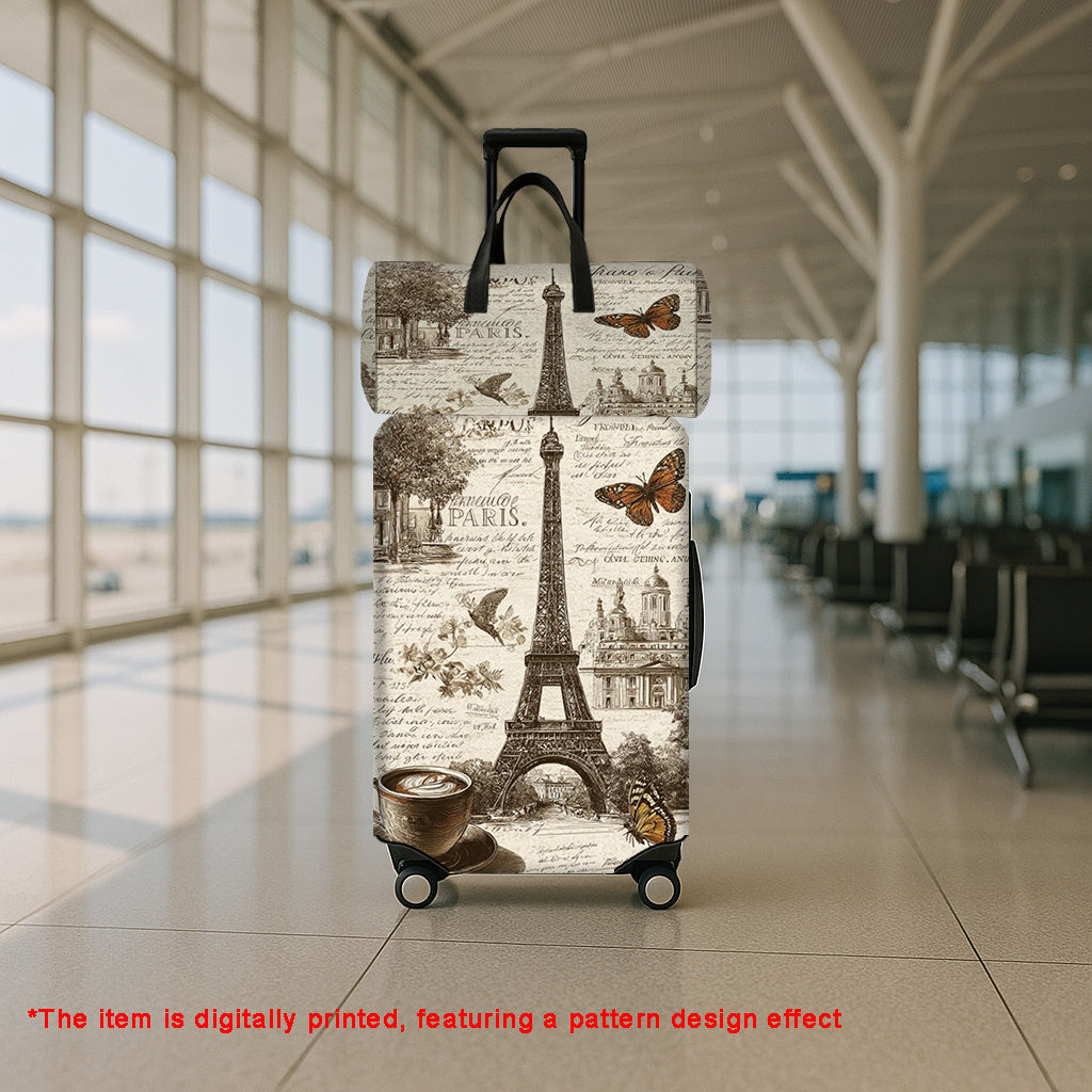 مجموعة حقائب سفر JIT2 قطعة (1 حقيبة سفر + 1 حامي الحقيبة) مع طباعة برج إيفل في باريس القديمة، كوب القهوة والفراشة، حقيبة يد مع حقيبة سفر على العجلات، حقيبة سفر للرجال والنساء، ملحقات السفر، أساسيات العطلات الخارجية، مناسبة للرجال والنساء والسفر والخروج