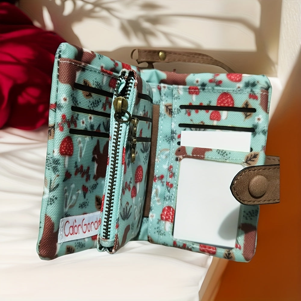 محفظة نسائية كاجوال ثلاثية الطيات بنقشة حيوانات (سنجاب وفطر) - إغلاق بقفل متين، حزام معصم، فتحات بطاقات متعددة وسعة كبيرة للاستخدام اليومي، محفظة جذابة، منظم أساسيات آمن