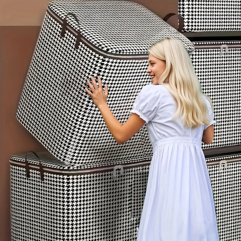 3 قطع صناديق تخزين هاوندستوث كبيرة الحجم بسعة 180.0 لتر، من القماش غير المنسوج المقاوم للغبار والرطوبة - منظّمات للملابس والبطانيات وأغراض السفر، حلول تخزين خزانة وتنقل بالأسود والأبيض المربعات، منظّف أنيق بمقابض معززة، حاويات قماشية متينة، تصميم عصري، قا