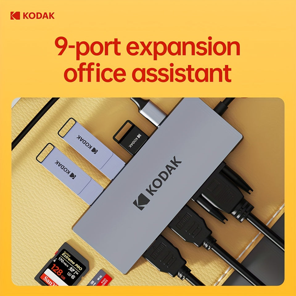 محور كوداك USB-C 9 في 1 مع منفذ إدخال PD: Type-C 3A (حد أقصى)؛ منافذ إخراج: USB3.0*3 + Type-C 3.0 شحن (PD3.0 100W) + SD/TF 2.0 + HDTV (4K/30Hz)*2 + VGA (1080P/60Hz؛ يدعم الأجهزة: جميع أنواع أجهزة الطرف الذكية ذات واجهة USB مثل الكمبيوتر/اللابتوب/التابلت/ا