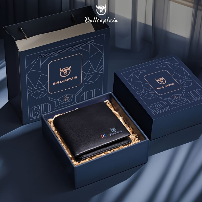 محفظة جلدية حقيقية للرجال من BULLCAPTAIN - حامل بطاقة الائتمان أسود أنيق مع لمسات ذهبية، تفاصيل الكشك، وصناديق الهدايا - هدية مثالية للأحباء أو الزوجين