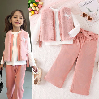 25 جديد شتاء بنات' طقم pit strip أكمام طويلة توب قصير velvet فيست belt طويل pants four piece طقم