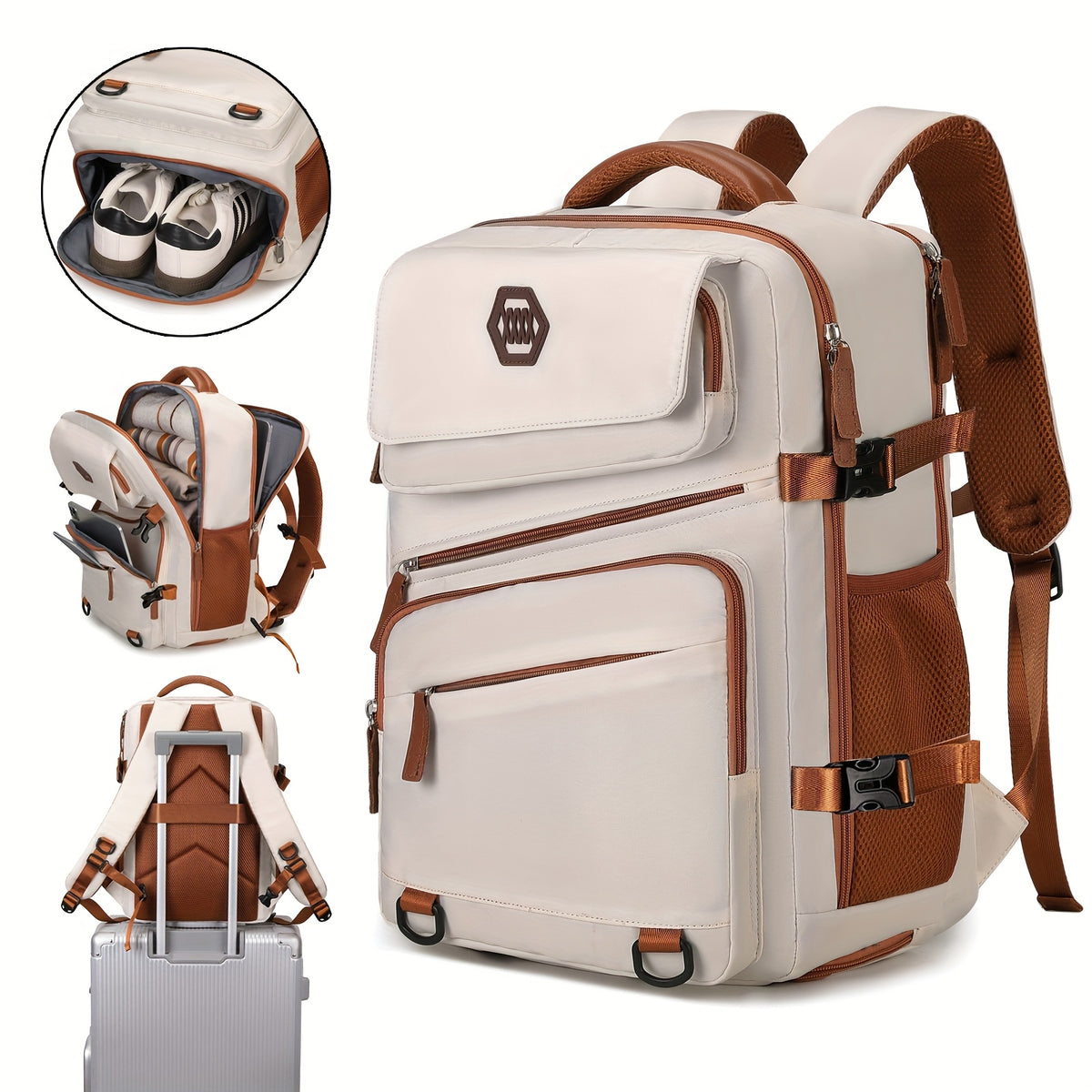 حقيبة ظهر سفر للنساء من إينوشي بحجرة للأحذية، حقيبة لابتوب 15.6 بوصة، أحزمة قابلة للتعديل، جيوب متعددة، معتمدة للسفر، حقيبة نهاية الأسبوع للعمل والمشي لمسافات طويلة - بيج/بني، حقيبة عطلة نهاية الأسبوع | لمسات بنية | تصميم عملي، حقيبة ظهر للسفر