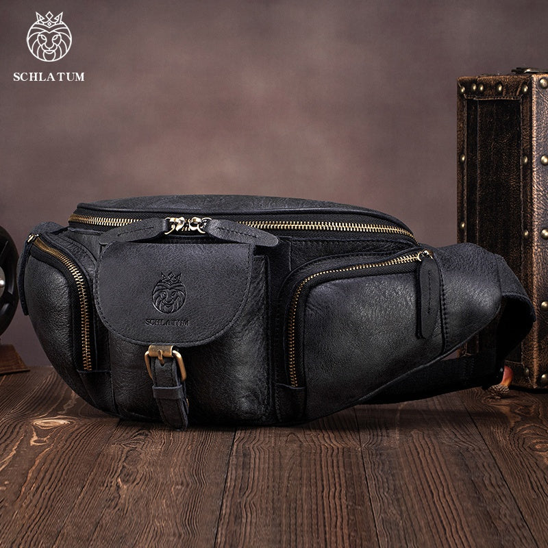 حقيبة صدر رجالية من الجلد الأصلي، حقيبة كتف متعددة الاستخدامات بتصميم فينتاج للدراجات النارية، حقيبة خصر عملية للاستخدام الخارجي