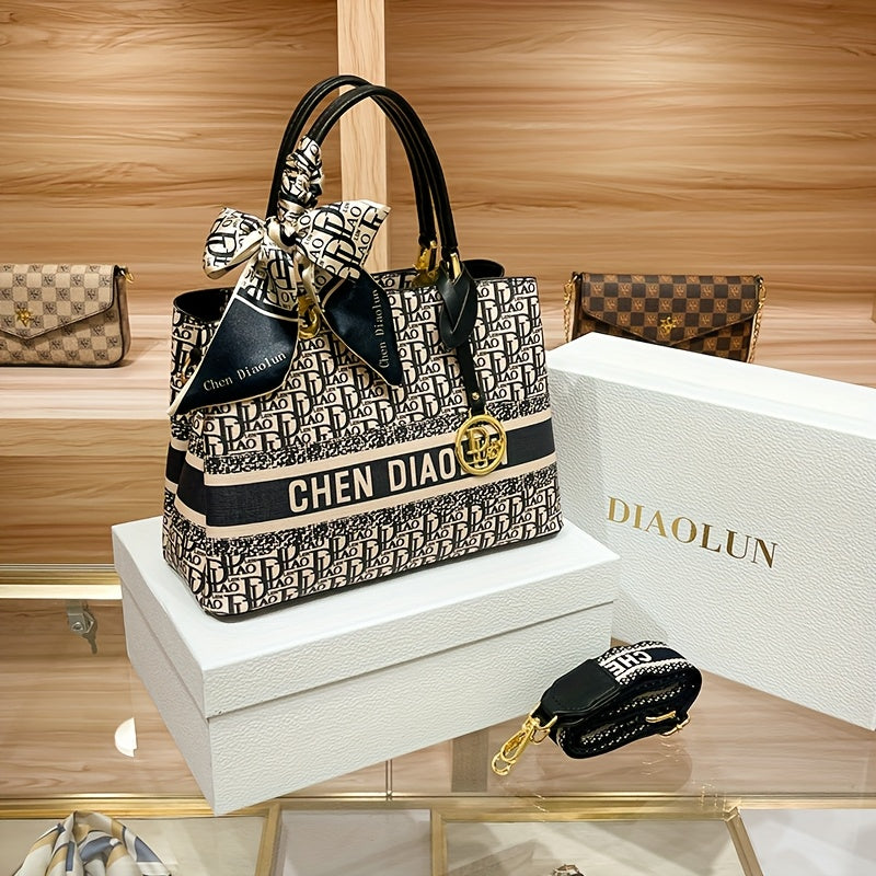 حقيبة تشين ديوكس الفاخرة - سعة كبيرة، طباعة باللونين الأسود والأبيض، حزام قابل للإزالة، إغلاق بسحاب، بطانة من البوليستر، يمكن غسلها باليد، فكرة هدية لعيد الأم، هدية لعيد الأم | حقيبة بأسلوب عتيق | حقيبة بمقبض متين