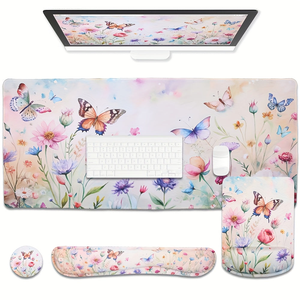 مجموعة مكونة من 4 قطع من مفرش المكتب بتصميم مائي زهري من هاودو - مفرش ماوس كبير 4 في 1، مسند معصم الماوس، مسند معصم الماوس، مفرش مع تصميم مريح، قاعدة سيليكون غير قابلة للانزلاق، تصميم فراشة وزهرة حيوانية، مثالي لمنصة العمل في المكتب، مفرش كمبيوتر