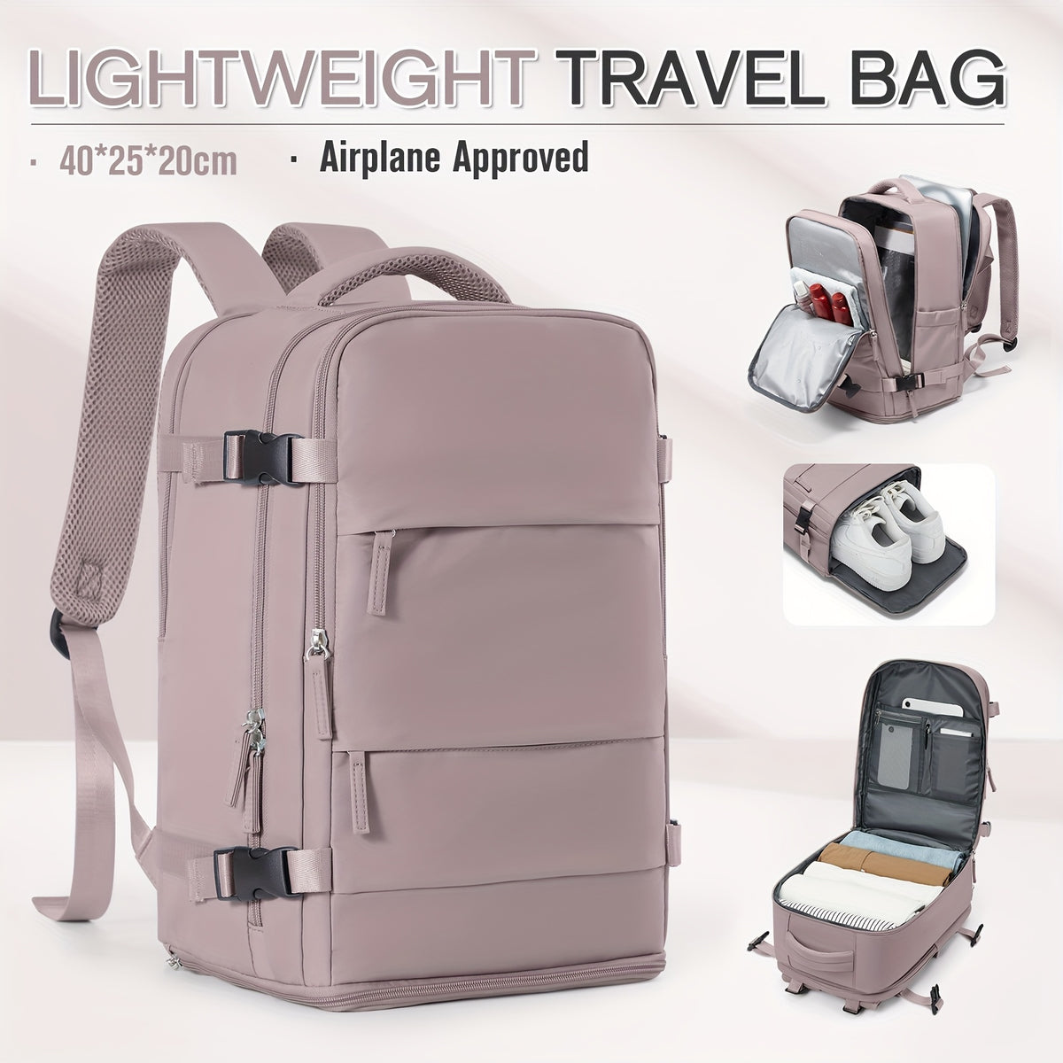 حقيبة سفر/حقيبة طائرة/حقيبة كاجوال: 40x25x20 سم، مناسبة للأنشطة الخارجية والاستخدام التجاري، أشرطة كتف قابلة للتعديل، قابلة للتوسيع بزاوية 180 درجة، إغلاق بسحاب، مع مقصورة للأحذية، تتضمن مقصورة للكمبيوتر المحمول بقياس 14 بوصة، تناسب حجم الكابين، سهلة التث