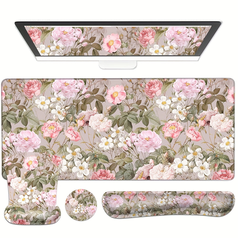 مجموعة مفرش لوحة مفاتيح ولوحة ماوس من HUADO، لوحة ماوس كبيرة للألعاب ومرن للكف ولوحة ماوس مع مرن للكف وواقي للأواني، وسادة مريحة للكتف مع رغوة الذاكرة للمنزل والمكتب، زهرة وردي
