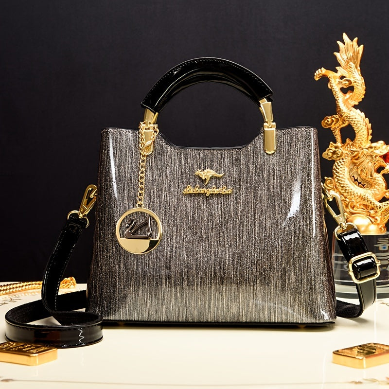 حقيبة يد فاخرة من الجلد اللامع بمقبض علوي، حقيبة كتف بتصميم كلاسيكي متعدد الاستخدامات، بإغلاق سحاب وبطانة من البوليستر، بلون رمادي صلب وحواف مطلية