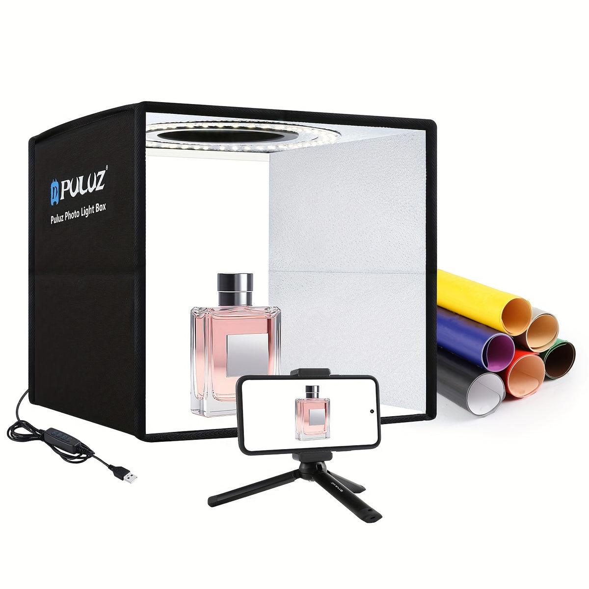 خيمة تصوير استوديو إضاءة حلقة قابلة للطي محمولة بارتفاع 25 سم/9.8 إنش مع خلفيات ملونة من 12 لونًا و CRI عالي، الحجم: 25 سم/9.8 إنش x 25 سم/9.8 إنش x 25 سم/9.8 إنش (أسود)