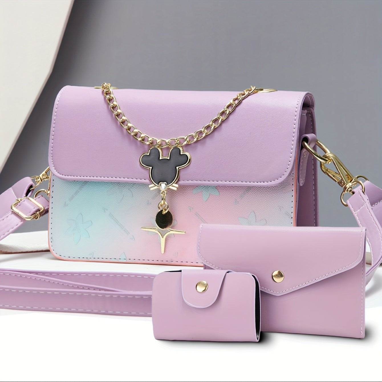 مجموعة حقائب كتف نسائية أنيقة مكونة من 3 قطع - حقيبة كتف متدرجة الألوان مع حزام قابل للفصل، إغلاق مغناطيسي، ومحفظة متطابقة - تصميم هندسي أنيق باللون الأبيض في متدرج الوردي إلى الأزرق، حقائب للمحفظة