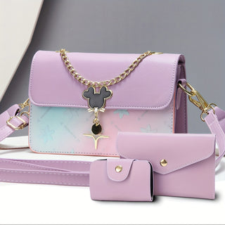 مجموعة حقائب كتف نسائية أنيقة مكونة من 3 قطع - حقيبة كتف متدرجة الألوان مع حزام قابل للفصل، إغلاق مغناطيسي، ومحفظة متطابقة - تصميم هندسي أنيق باللون الأبيض في متدرج الوردي إلى الأزرق، حقائب للمحفظة