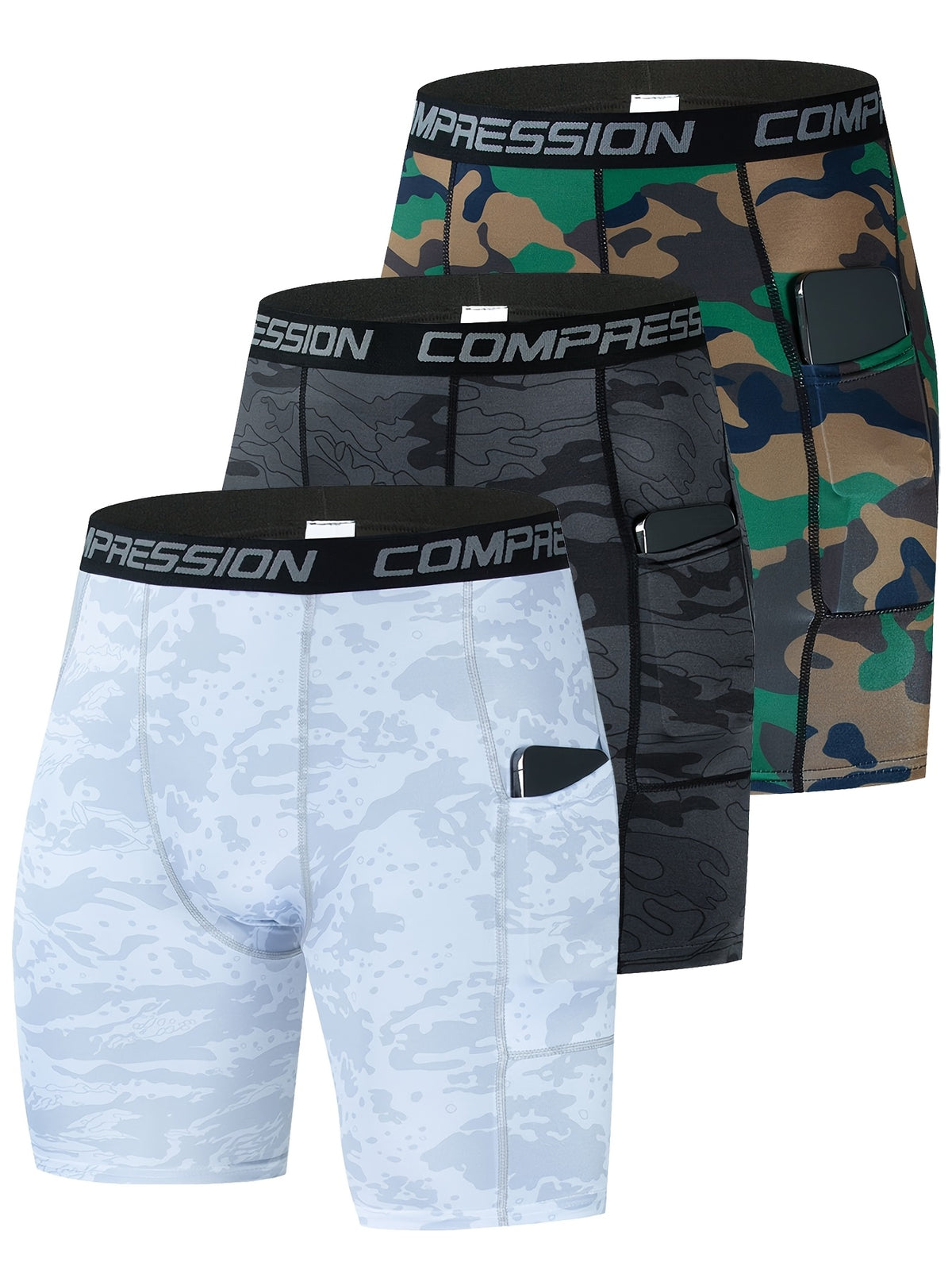 شورتات ضغط للرجال من جيبرت، مجموعة مكونة من 3 قطع، بنمط تمويه، بنطلونات لتشكيل الجسم، سريعة الجفاف وقابلة للتنفس، مناسبة للجري، واللياقة البدنية، والملاكمة، وكطبقة أساسية لألعاب الكرة.