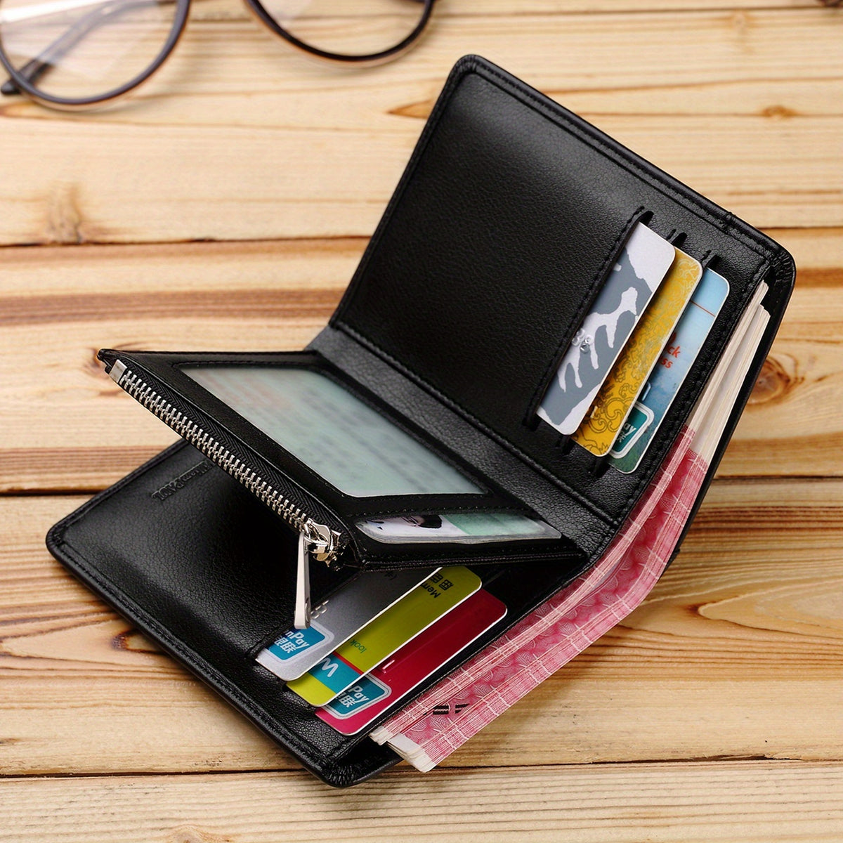 محفظة رجالية مانعة للاختراق RFID مع إغلاق بسحاب - جلد بقري عالي الجودة ثنائي الطبقة، حامل بطاقات مضاد للتفريغ المغناطيسي مع نافذة هوية - تصميم بسيط خفيف الوزن باللون الأسود - هدية مثالية للأب، الزوج، الصديق (عيد الأب، عيد الحب، عيد ميلاد) - محفظة يومية لل