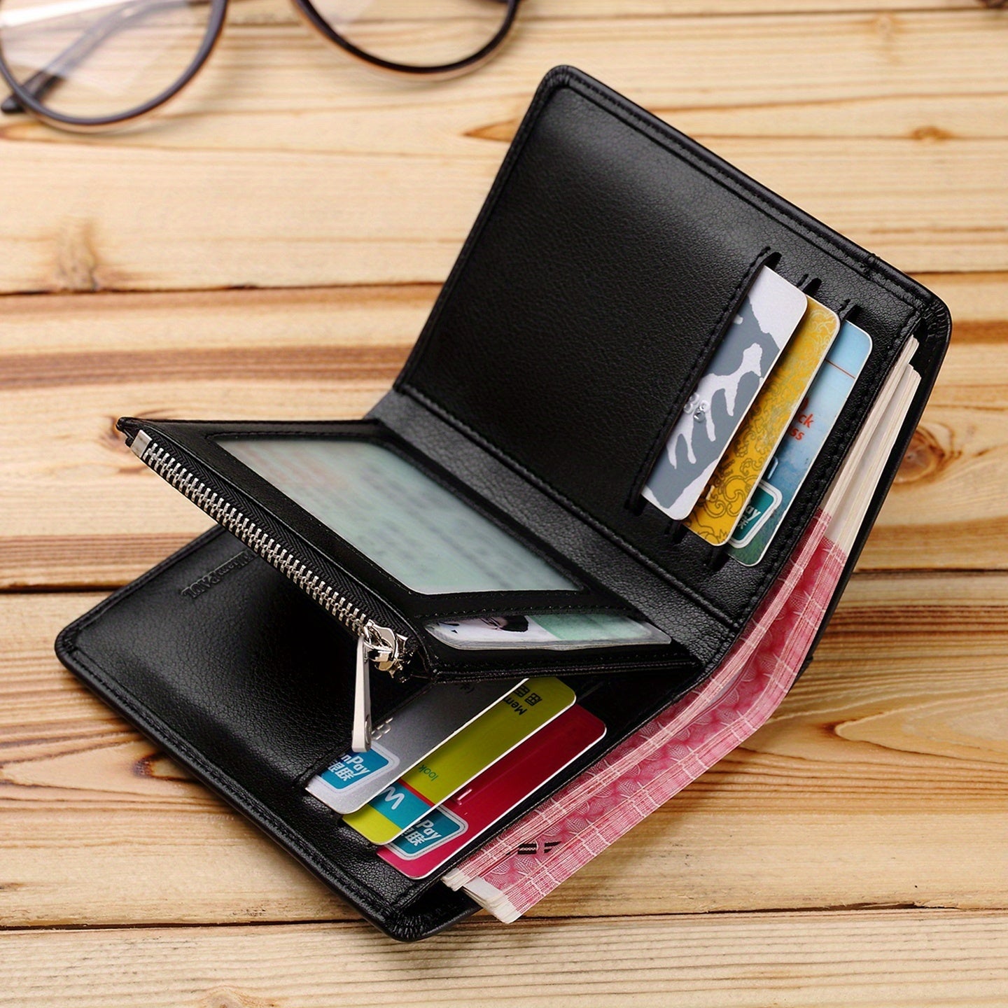 محفظة رجالية مانعة للاختراق RFID مع إغلاق بسحاب - جلد بقري عالي الجودة ثنائي الطبقة، حامل بطاقات مضاد للتفريغ المغناطيسي مع نافذة هوية - تصميم بسيط خفيف الوزن باللون الأسود - هدية مثالية للأب، الزوج، الصديق (عيد الأب، عيد الحب، عيد ميلاد) - محفظة يومية لل