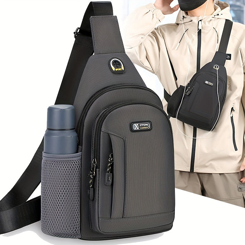 حقيبة صدر قابلة للتعليق للرجال من نوع أكسفورد الكاجوال مع حامل زجاجة ماء - حقيبة رياضية متعددة الاستخدامات للخارج، حقيبة كتف متقاطعة أنيقة بتفاصيل خياطة، جيوب بسحاب مضادة للسرقة للتنقل اليومي والسفر، حزام قابل للتعديل (1.2 متر)