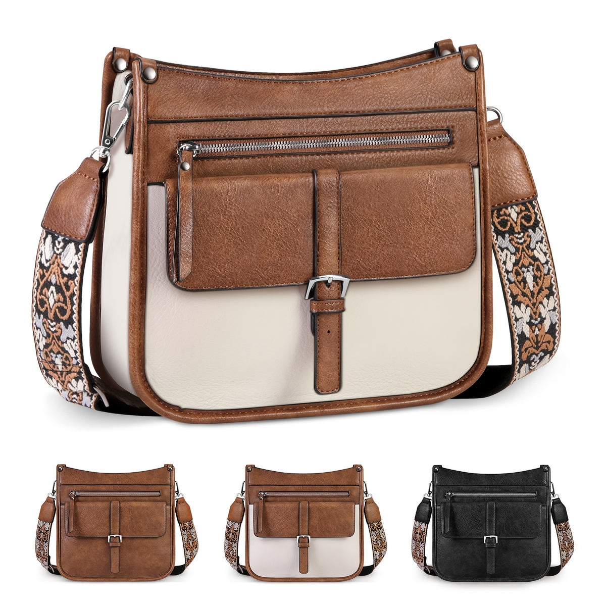 حقيبة كتف نسائية من رينسمور مع حزام قابل للتعديل، إغلاق بسحاب، وحزام كتف قابل للفصل - بني فاتح/أبيض، حقيبة يومية أنيقة، حقيبة كتف متعددة الاستخدامات | حقيبة يد أنيقة | حقيبة نسائية صناعية