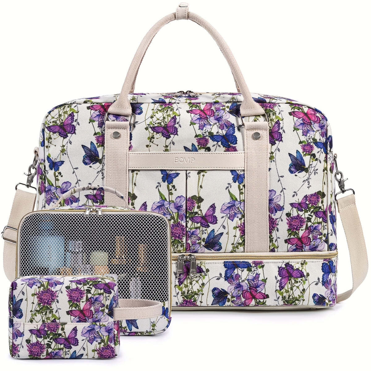 حقيبة سفر كبيرة للنساء من قماش الكانفاس مع جيب للكمبيوتر المحمول، حزام كتف قابل للتعديل، تخزين للأحذية - تصميم مطبوع بالزهور، سحاب بيج وأساور، حقيبة سفر متينة للاستخدام اليومي، العمل، أو الإجازات الأسبوعية، حقيبة سفر كبيرة، حامل أساسيات العمل، حقيبة سفر أ