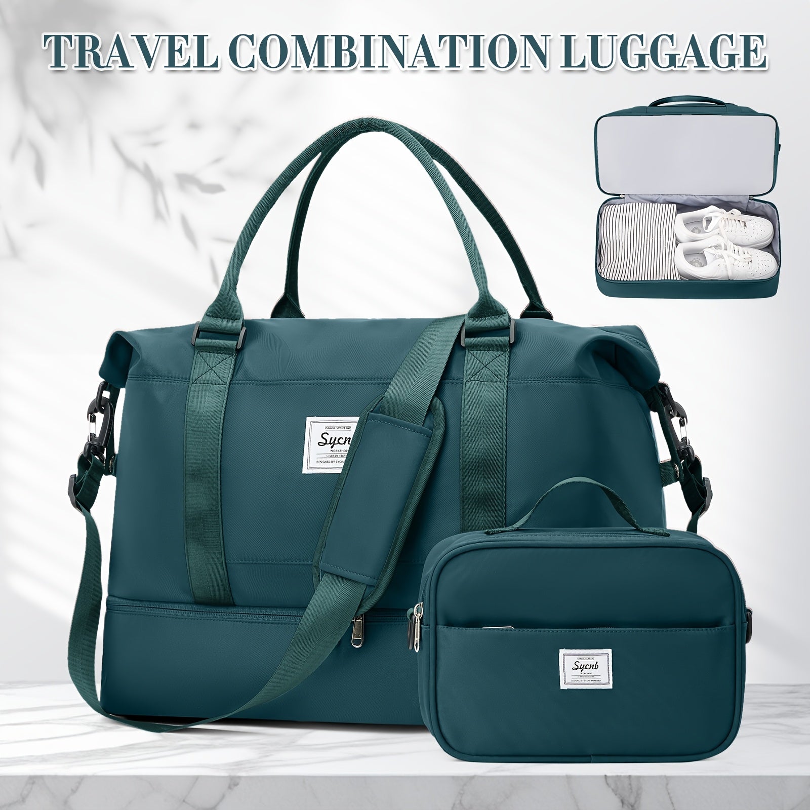 مجموعة حقائب السفر والأمتعة، سعة كبيرة متعددة الوظائف مع جيب للأحذية من النايلون لحقيبة تخزين الأسرة أثناء السفر يمكن وضعها على متن الطائرة بما في ذلك حقيبة الحمامات، يمكن حملها كحقائب يد أو حقيبة كروس، لون صلب