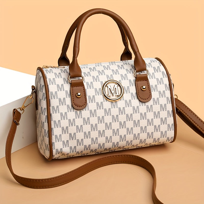 حقيبة كروس بودي نسائية من Perfect Lily بتصميم فينتاج - حزام قابل للفصل، جلد صناعي خفيف الوزن، تصميم بوستون بنقشة حروف رجعية وأكسسوارات ذهبية، إغلاق بسحاب، بطانة بوليستر - متعددة الاستخدامات للتنقل اليومي والعمل والسفر (بني فاتح/داكن، أبيض، أسود)، حقيبة صغ