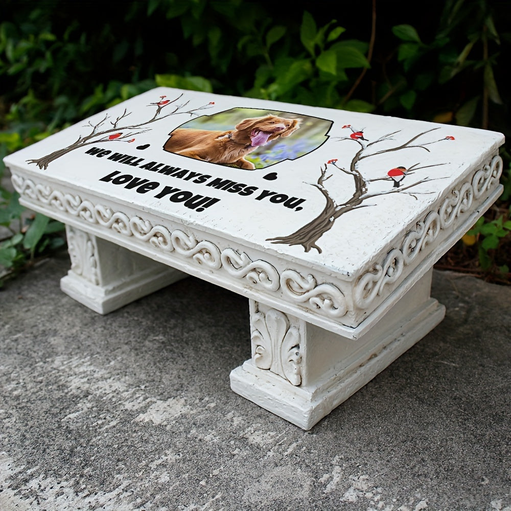 1 قطعة من مقعد تذكار الحيوانات الأليفة المخصصة من Jinhuoba ، مع صورة و نص مخصص ، مصنوع من راتنج ABS متين ، علامة مقبرة حديقة للقطط والكلاب ، لوحة شكر للحيوانات الأليفة.