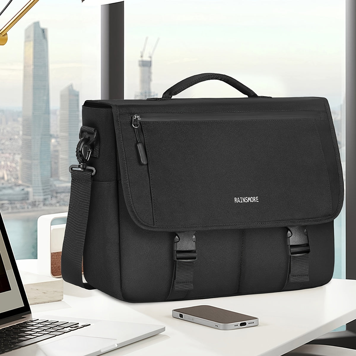 حقيبة كمبيوتر محمول مقاومة للماء للرجال من RAILSOMORE، حقيبة بلاستيكية متينة بحجم 15.6 بوصة مع أقسام متوافقة مع إدارة أمن المواصلات، حقيبة كروس أنيقة للاستخدام في المكتب والمنزل، أسود، حقيبة سفر