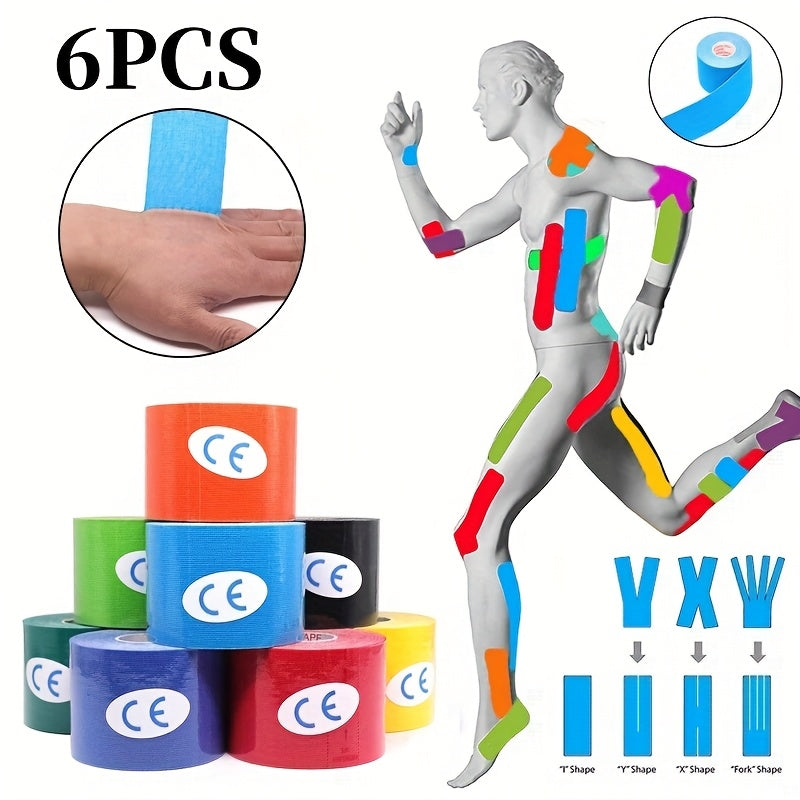 6 قطع شريط رياضي مرن عالي الجودة - دعم قابل للتنفس لاستقرار العضلات وأمان المفاصل، 2.54 سم وشرائط لاصقة على شكل T، ألوان متنوعة (أزرق/برتقالي/أصفر/أخضر/أحمر/بنفسجي) - ألياف بوليستر للرياضيين، الصالة الرياضية، التدريب، ملابس تدريبية، لف متين ومثبت
