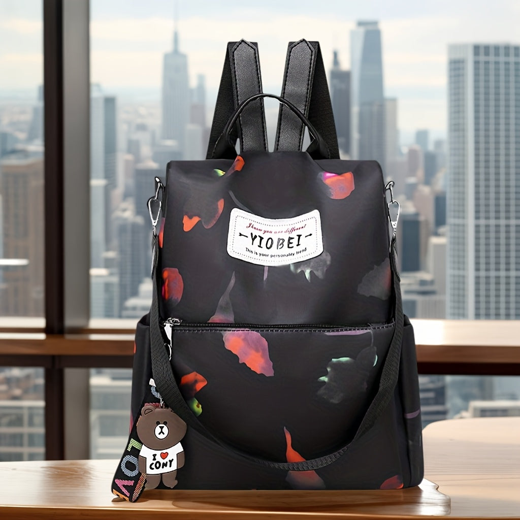 حقيبة ظهر أنيقة بطبعة زهور سوداء - سعة كبيرة مضادة للسرقة من النايلون مع حزام كتف قابل للتحويل، مثالية للمدرسة والتسوق والهدايا، ميزة الحزام القابل للتعديل