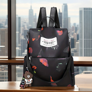 حقيبة ظهر أنيقة بطبعة زهور سوداء - سعة كبيرة مضادة للسرقة من النايلون مع حزام كتف قابل للتحويل، مثالية للمدرسة والتسوق والهدايا، ميزة الحزام القابل للتعديل