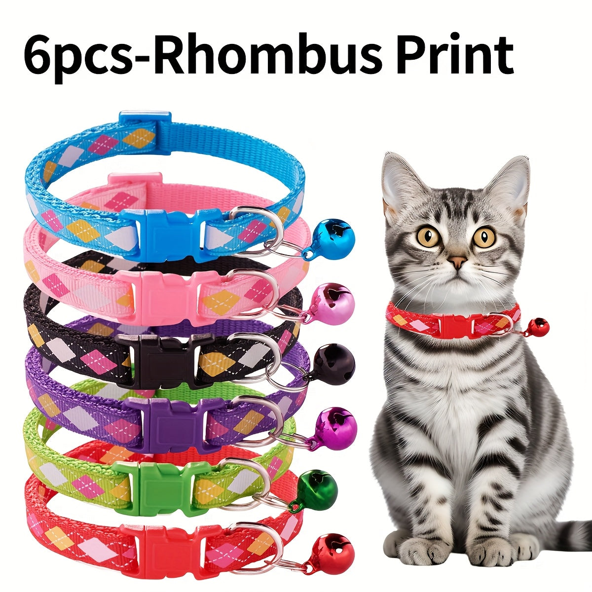 1 مجموعة من 6 أطواق حيوانات أليفة قابلة للتعديل، خيارات متعددة التصاميم، مصنوعة من النايلون المطبوع بألوان زاهية ومزودة بمشبك سريع الفك، مناسبة للكلاب والقطط الصغيرة - البطاريات غير مرفقة