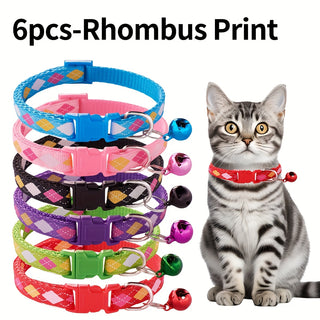 1 مجموعة من 6 أطواق حيوانات أليفة قابلة للتعديل، خيارات متعددة التصاميم، مصنوعة من النايلون المطبوع بألوان زاهية ومزودة بمشبك سريع الفك، مناسبة للكلاب والقطط الصغيرة - البطاريات غير مرفقة