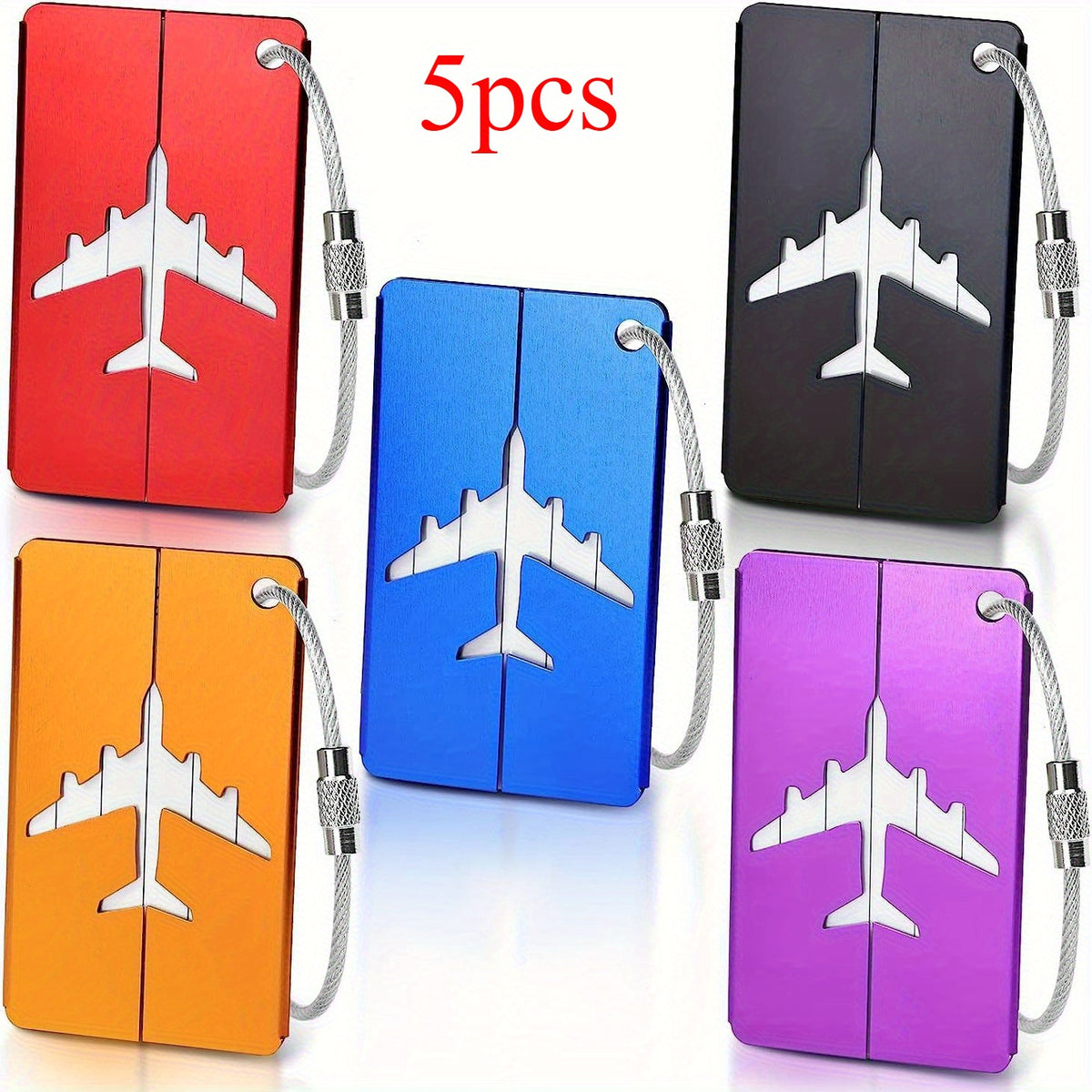 مجموعة 5 قطع من علامات الأمتعة المصنوعة من الألومنيوم مع حلقات فولاذية، متينة وأنيقة، مثالية لتحديد الأمتعة بسهولة، أمتعة للسفر