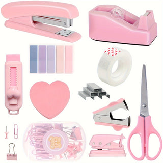 حزمة دباسة مكتبية بألوان الماكرون 11 قطعة باللون الوردي والأرجواني والأخضر، تشمل الدباسة، مزيل الدبابيس، حامل الشريط، ملف، ثقب الورق، ملصق الفهرس، مشبك ورق و1000 دباسة وأساسيات مكتبية ودراسية متنوعة أخرى