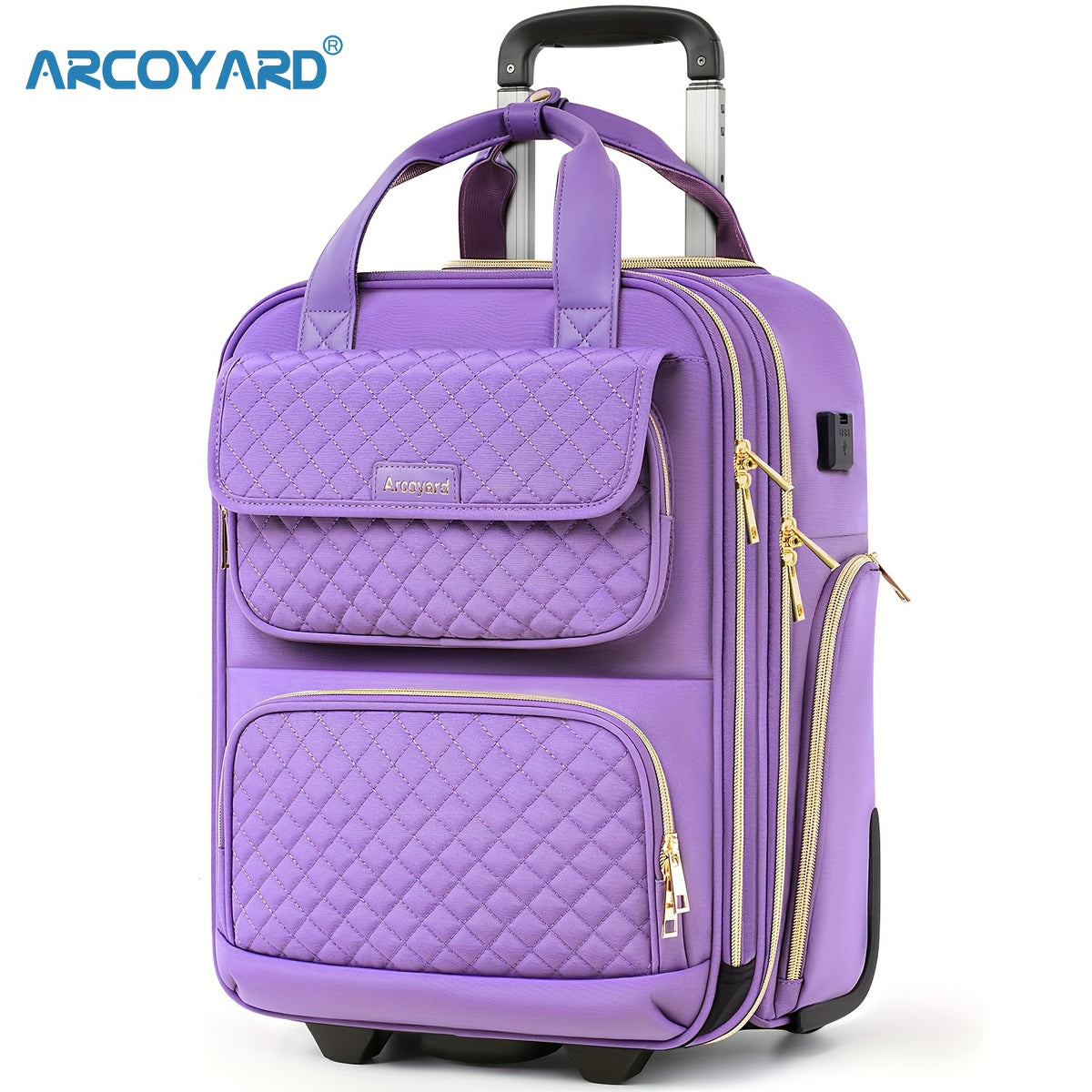 حقيبة ظهر متدحرجة من ARCOYARD بحجم 17.3 بوصة مع عجلات - أزرق بحر، حقيبة سفر خفيفة الوزن مع جيب عربة، منفذ شحن USB، ومقبض تلسكوبي للأعمال أو الكلية أو الرحلات الليلية، حقيبة سفر ليلية | تصميم مبطن | حقيبة قماش أكسفورد، أمتعة سفر