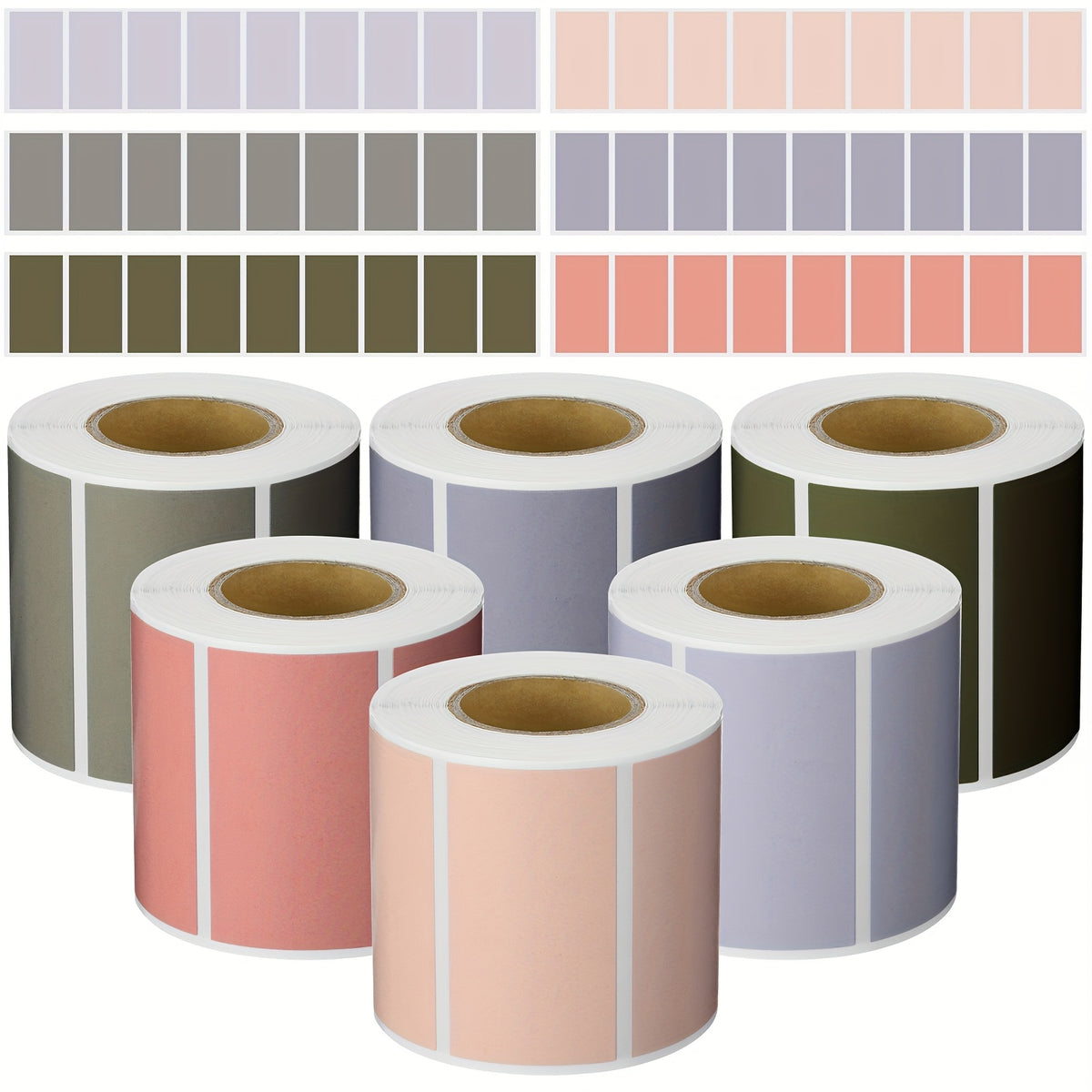 ستة لفة من الملصقات الملونة المستطيلة مقاس 2.25 × 3.17 سم، تحتوي على ملصقات ملونة مربعة بألوان مختلفة. هذه الملصقات اللاصقة مثالية لتنظيم المخزون ومستندات المكتب، مع 500 ملصق في اللفة.