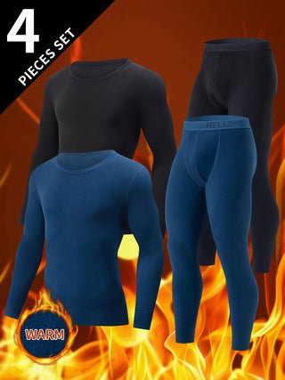 طقم ملابس داخلية حرارية للرجال مكون من 4 قطع - قميص بأكمام طويلة وياقة دائرية وسروال، لون موحد، قماش محبوك، مرونة خفيفة، تصميم ضيق، بوليستر، دافئ لفصل الخريف/الشتاء