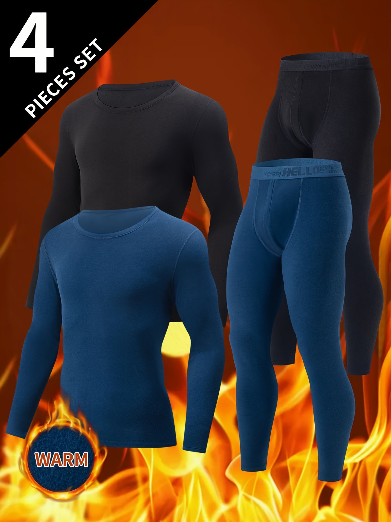 طقم ملابس داخلية حرارية للرجال مكون من 4 قطع - قميص بأكمام طويلة وياقة دائرية وسروال، لون موحد، قماش محبوك، مرونة خفيفة، تصميم ضيق، بوليستر، دافئ لفصل الخريف/الشتاء