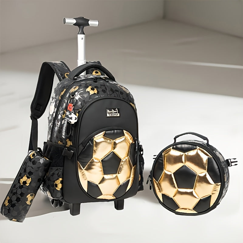 كرة القدم الذهبية، مجموعة حقائب ترولي فضية للكرة القدم، حقيبة متعددة الاستخدامات، تخزين مدمج، مقبض قابل للتوسيع، تصميم بسعة كبيرة، مناسب للسفر والمكتب والمناسبات الرياضية والعادية