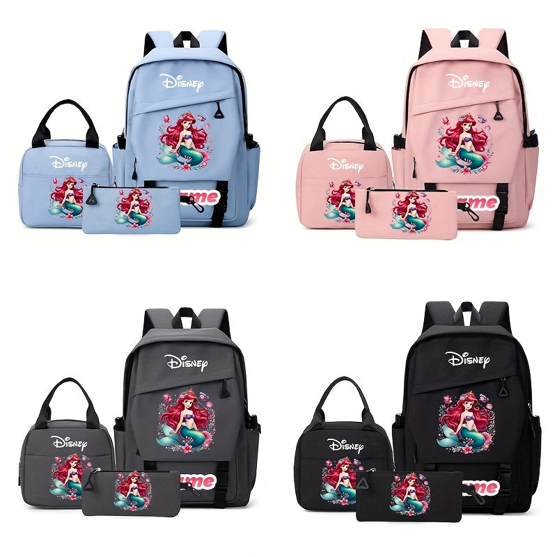 3 قطع حقيبة ظهر ديزني ليتل ميرميد، تصميم كرتوني نابض بالحياة، قماش نايلون متين، أحزمة قابلة للتعديل، جيب لوحي، إغلاق بسحاب، سعة كبيرة، مثالية للسفر اليومي والرحلات، هدية مثالية