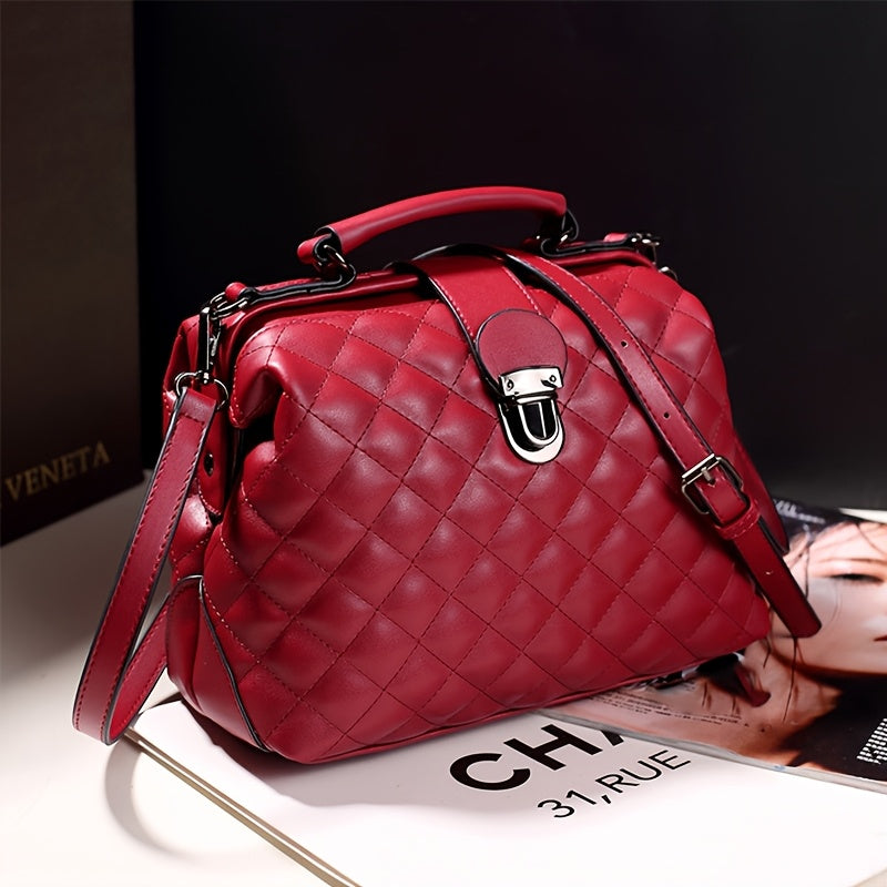 حقيبة كروس بدلة ريترو عصرية للنساء 2024 - حزام كتف عريض قابل للفصل، حقيبة دلو بإغلاق بالزر، حواف مزينة بالزيت وبطانة بوليستر - أسلوب حقيبة الطبيب بالألوان الأبيض، الأحمر، الأزرق، الأسود