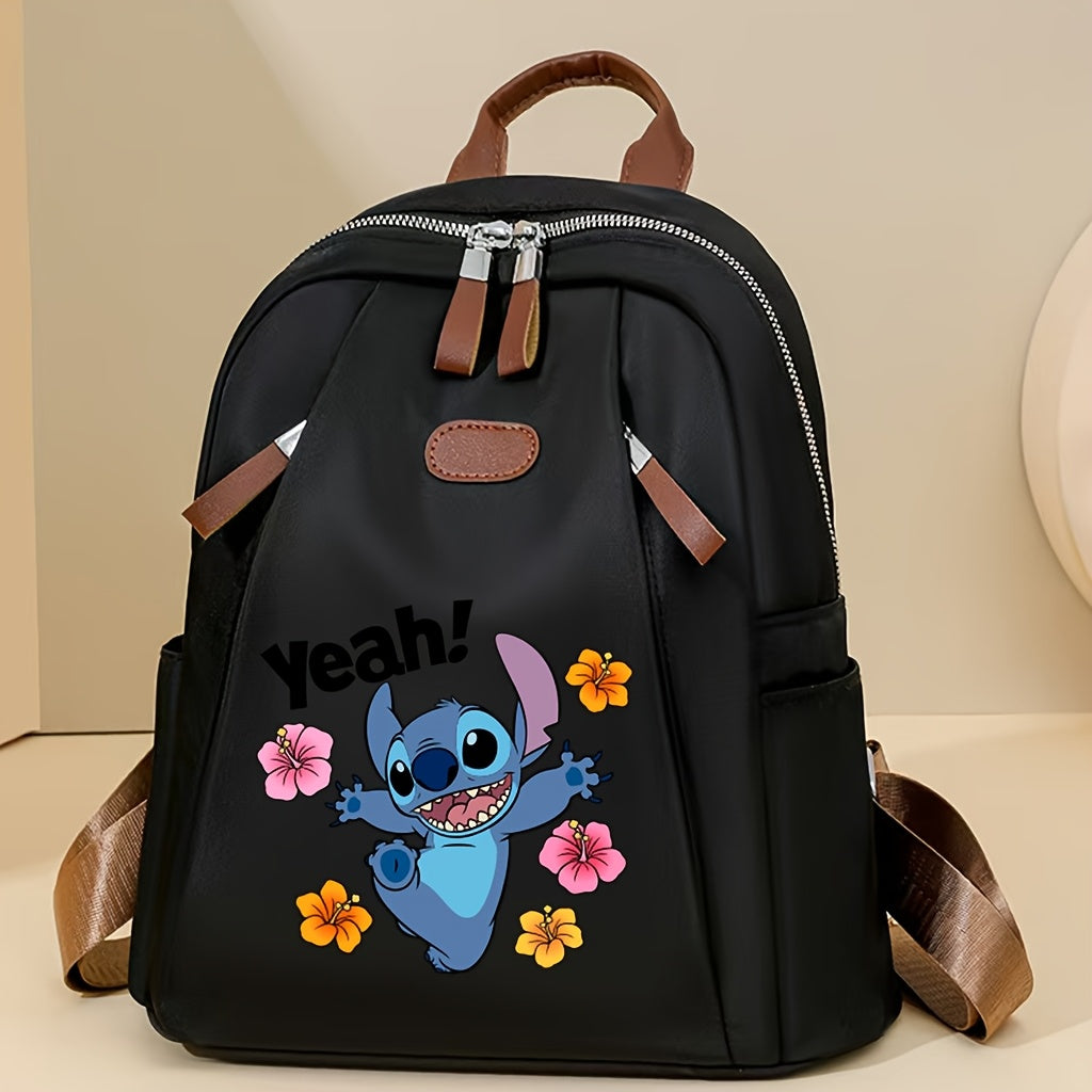 حقيبة ظهر ديزني ستيتش للنساء - حقيبة مدرسية سوداء مع أحزمة قابلة للتعديل، عدة جيوب وتصميم زهور، قماش متين للمدرسة، السفر، الاستخدام اليومي، حقيبة ظهر يومية | تصميم مرح | جيوب بسحاب، حقيبة ظهر للمدرسة